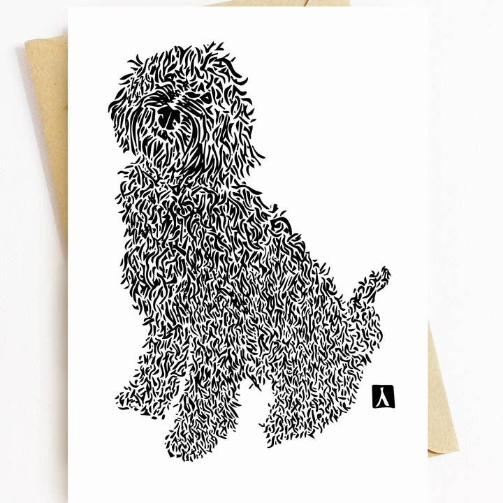 Tarjeta de felicitación de 5 x 7 pulgadas con un perro labradoodle sentado para venta al por mayor de Bellavance Ink
