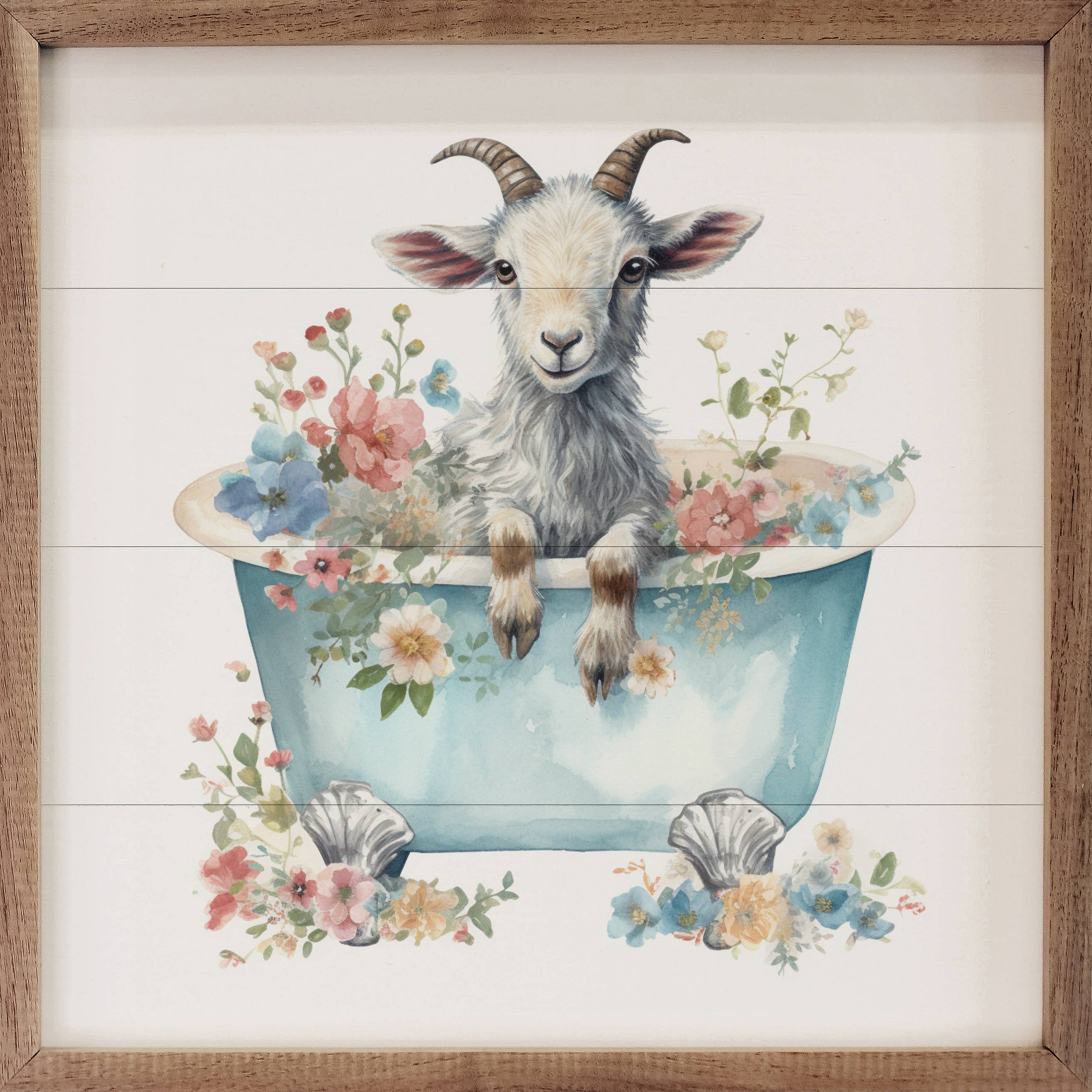 Kendrick Home - Wholesale Sign - White Goat With Flowers Blue Tub White0