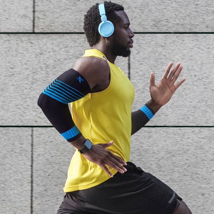 Blue ULTRA V-STRIPED COMPRESSION ELBOW SLEEVES (1-PAIR) for wholesale on Faire4