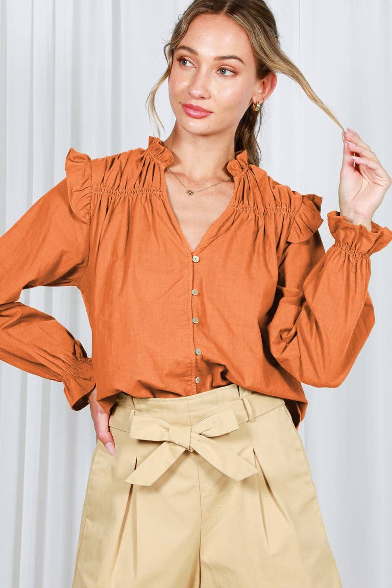 Vine & Love - Vente Chemisier – femme - Blouse à manches longues bouffantes avec col en V à volants 100 % coton VT8231523