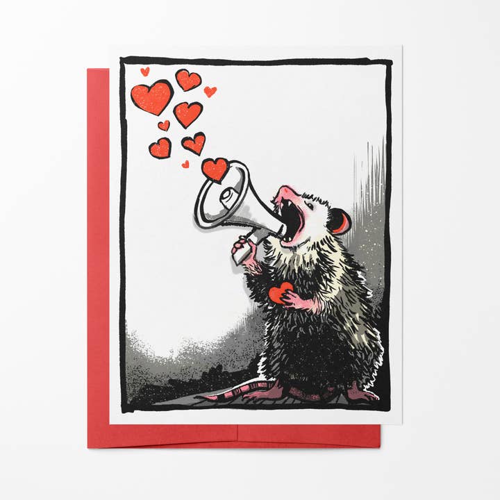 My Love is Loud – Screaming Opossum Valentine Card for wholesale by Brainmeats Atelier
