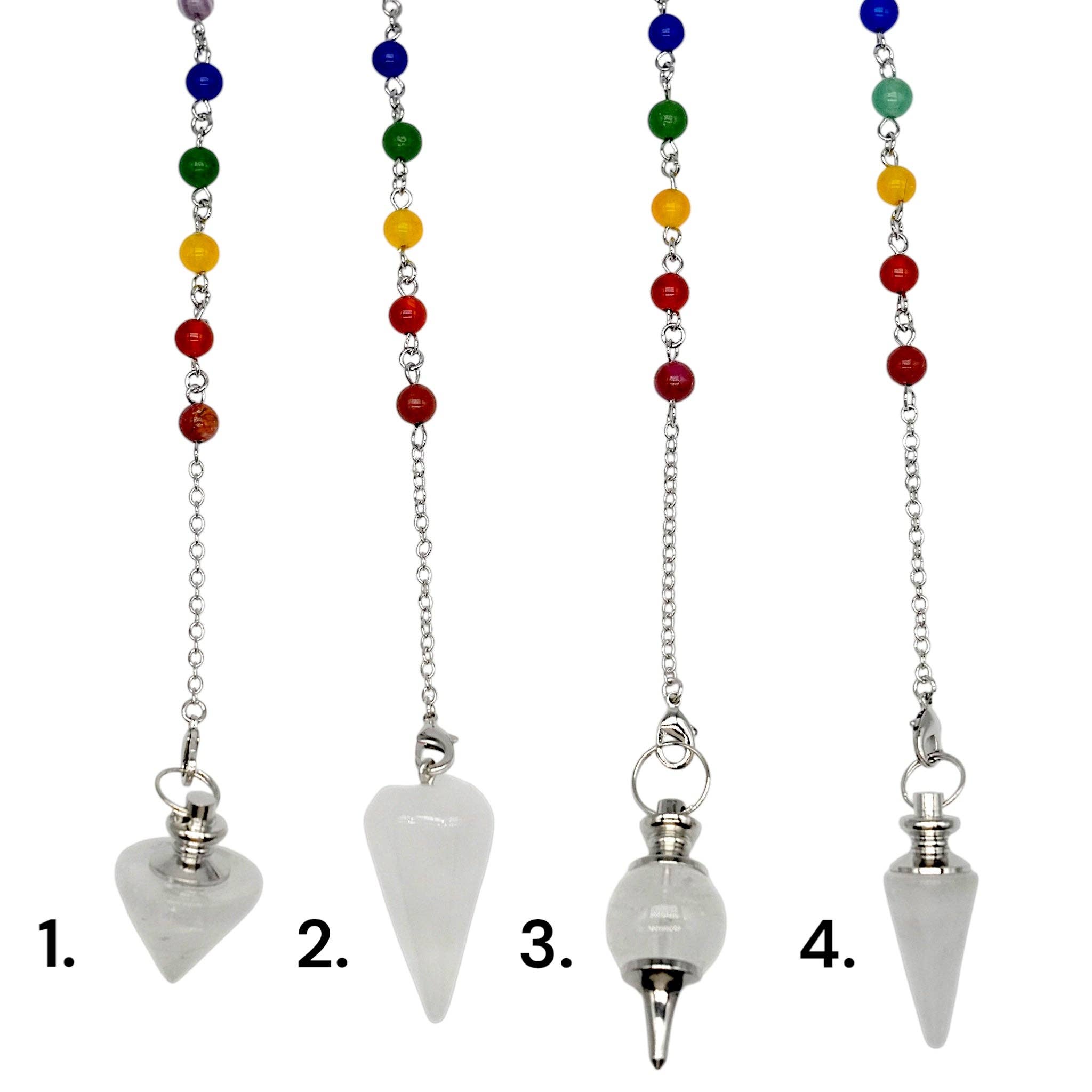 Foliesbijoux - Wholesale Meditation Supplies - Rock Crystal Pendulum with 7 Chakra Chain (4 shapes available)2