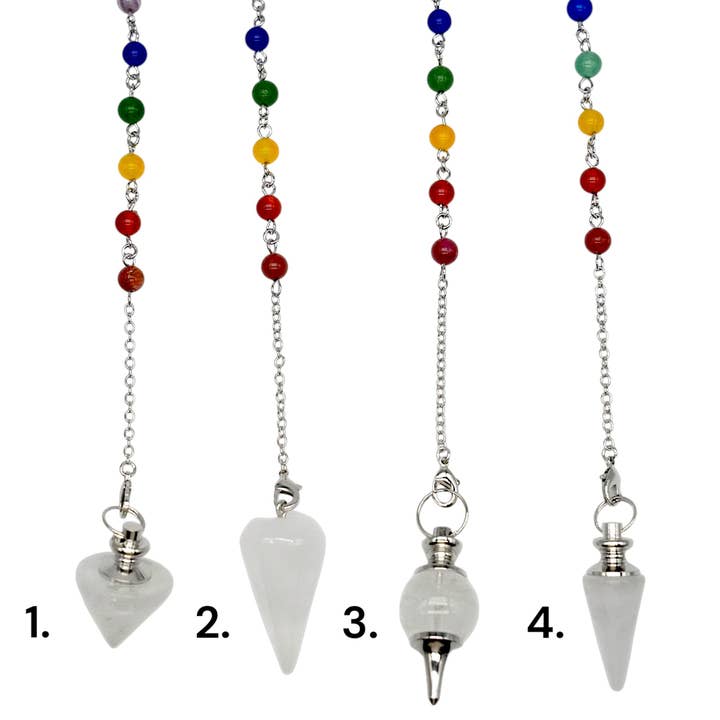 Foliesbijoux - Wholesale Meditation Supplies - Rock Crystal Pendulum with 7 Chakra Chain (4 shapes available)2