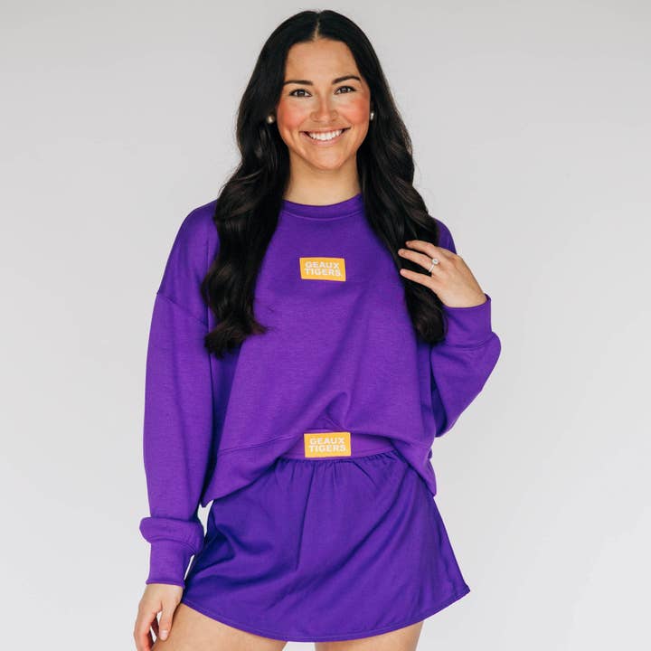 The Ava Airy Crewneck Geaux Tigers Woven Label | Purple for wholesale by Scarlet & Gold