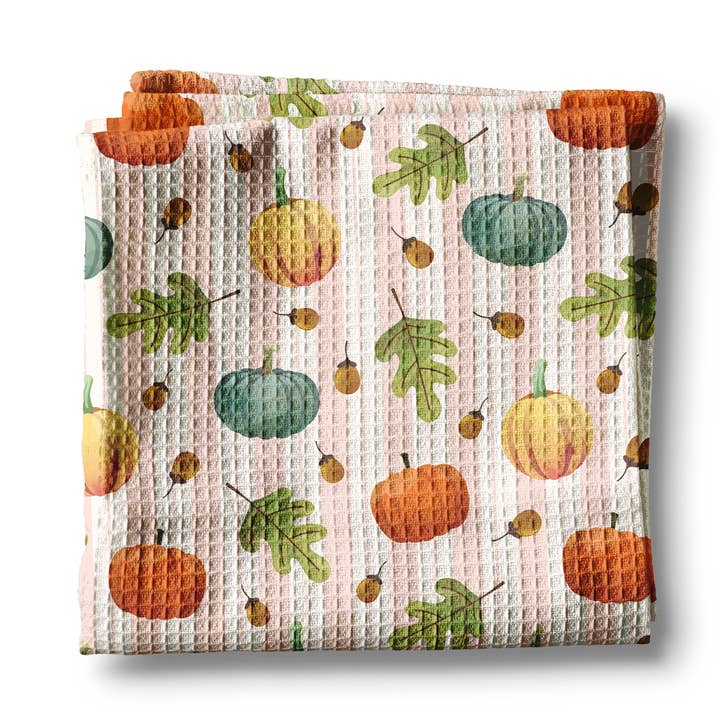 Automne Rayure Rose Citrouille Bleue Serviette de Cuisine Côtière Nid d'Abeille pour la vente par Canary Road