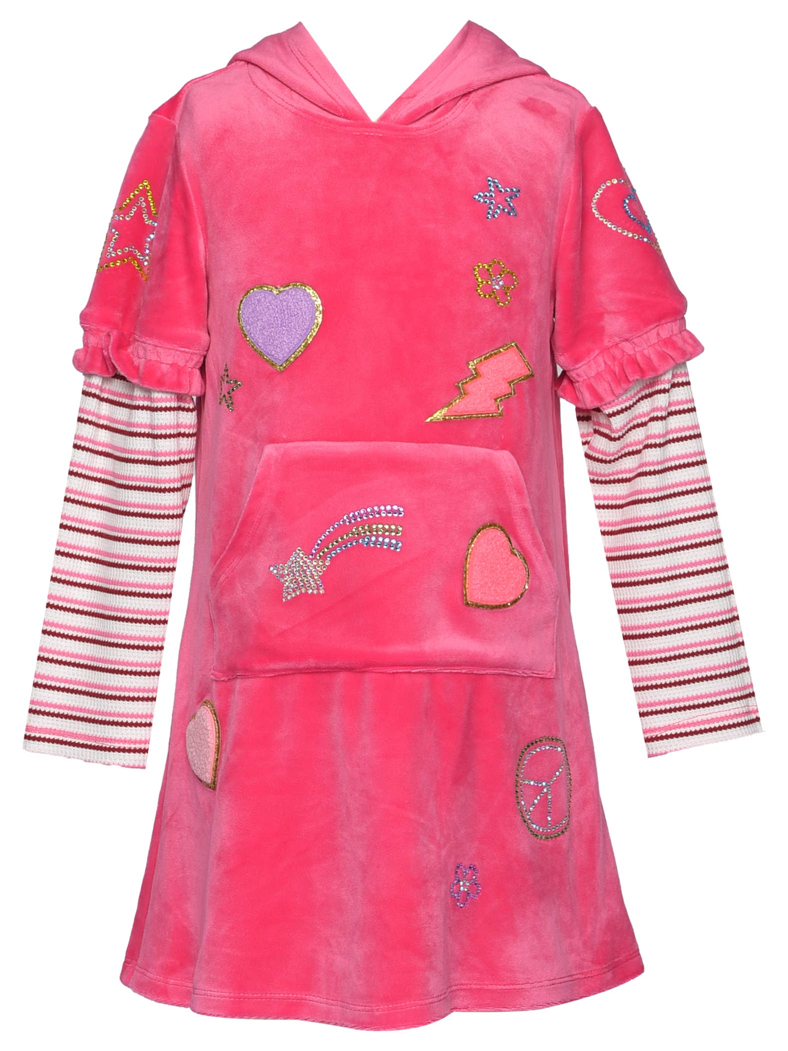 Fuchsia L/s Velour Hoodie Dress W/ Patch and Rhinestones for wholesale on Faire0