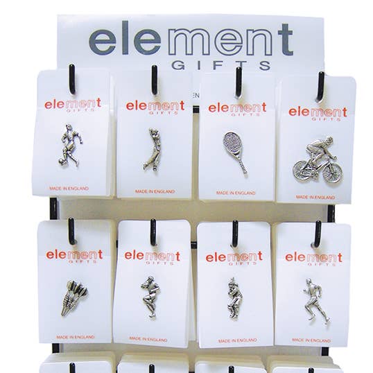 Espositore sportivo con spilla in peltro per la vendita all'ingrosso da parte di THE MUSIC GIFTS COMPANY