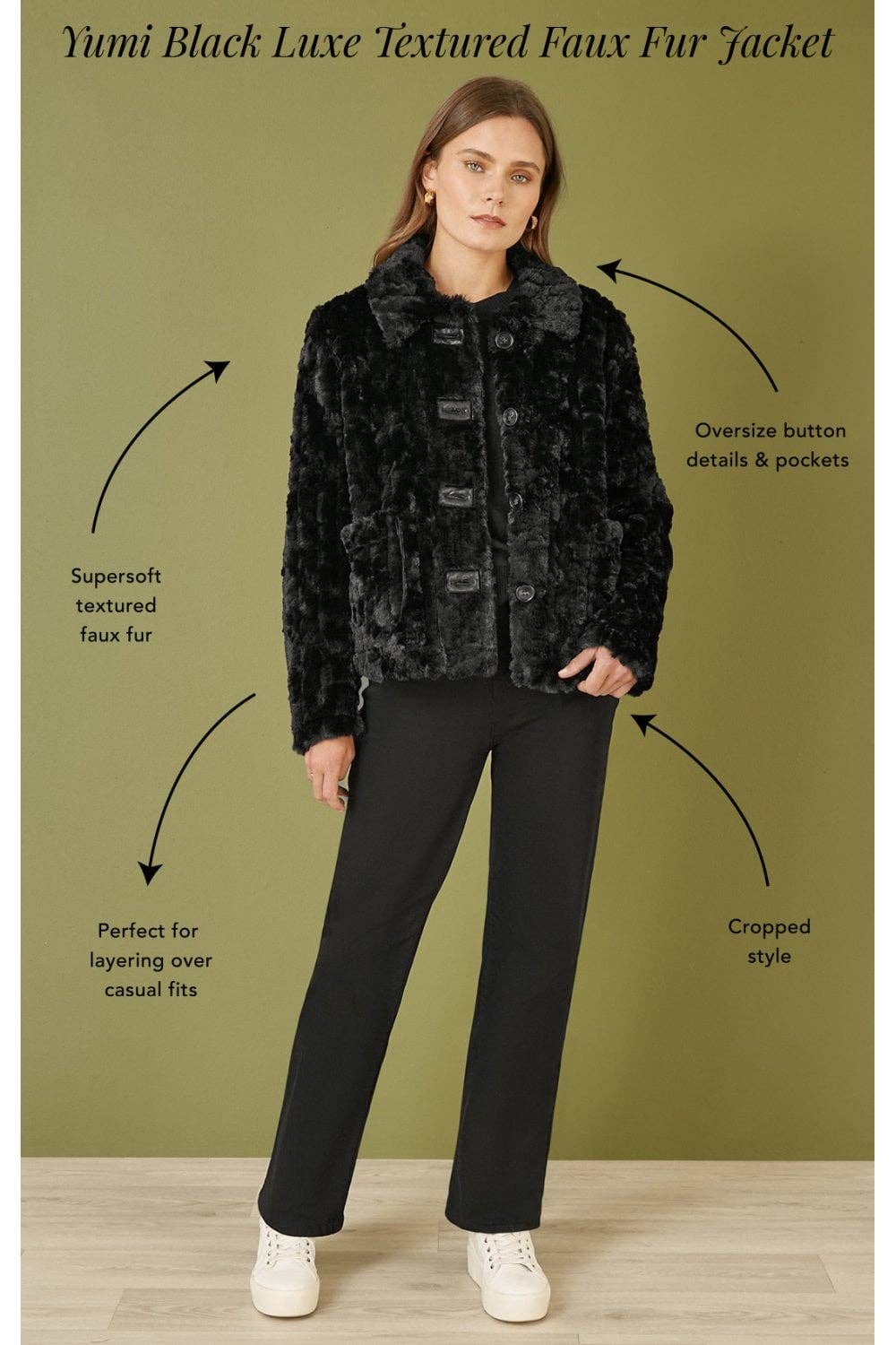 Yumi Black Luxe Textured Faux Fur Jacket With Pockets for wholesale on Faire1