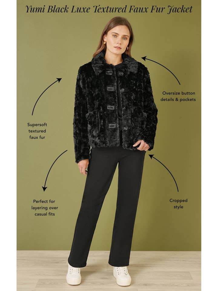 Yumi Black Luxe Textured Faux Fur Jacket With Pockets for wholesale on Faire1