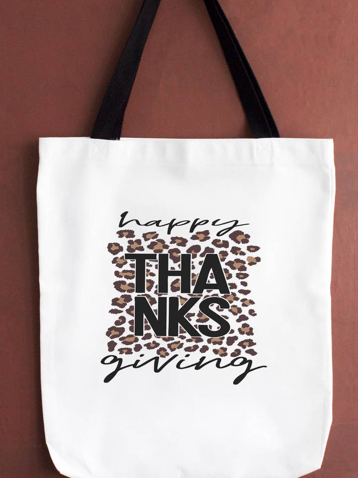 Happy Thanksgiving Leopard Square Block Fall Tote Bag for wholesale by Cali Boutique Wholesale
