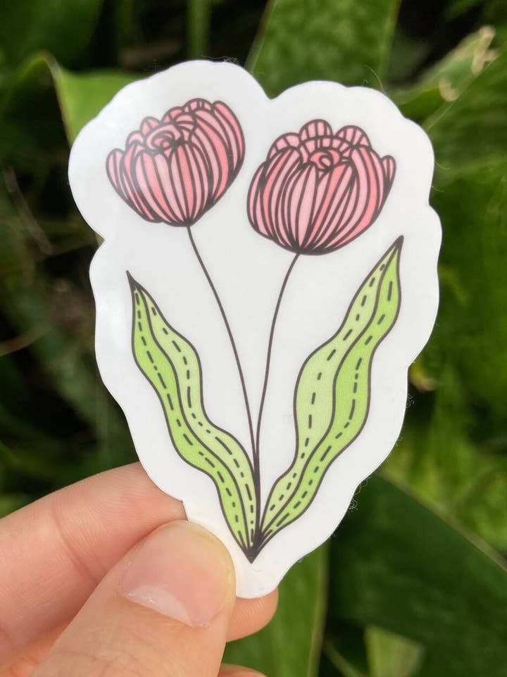 Pink Tulip Flower Waterproof Sticker for wholesale by Frankie Blue