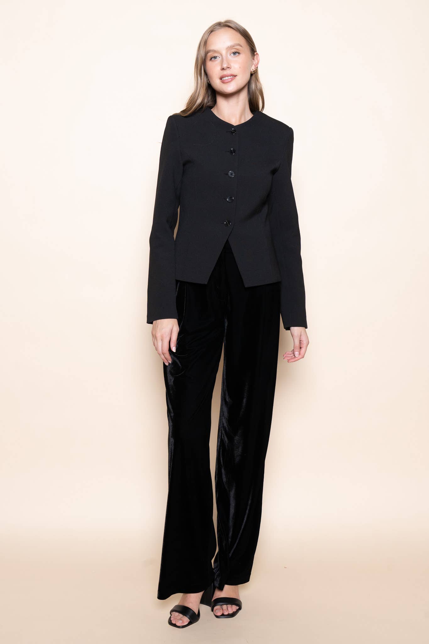 Black BASIC CHIC ROUND NECK BUTTON UP JACKET BLAZER-OI6695FO for wholesale on Faire8