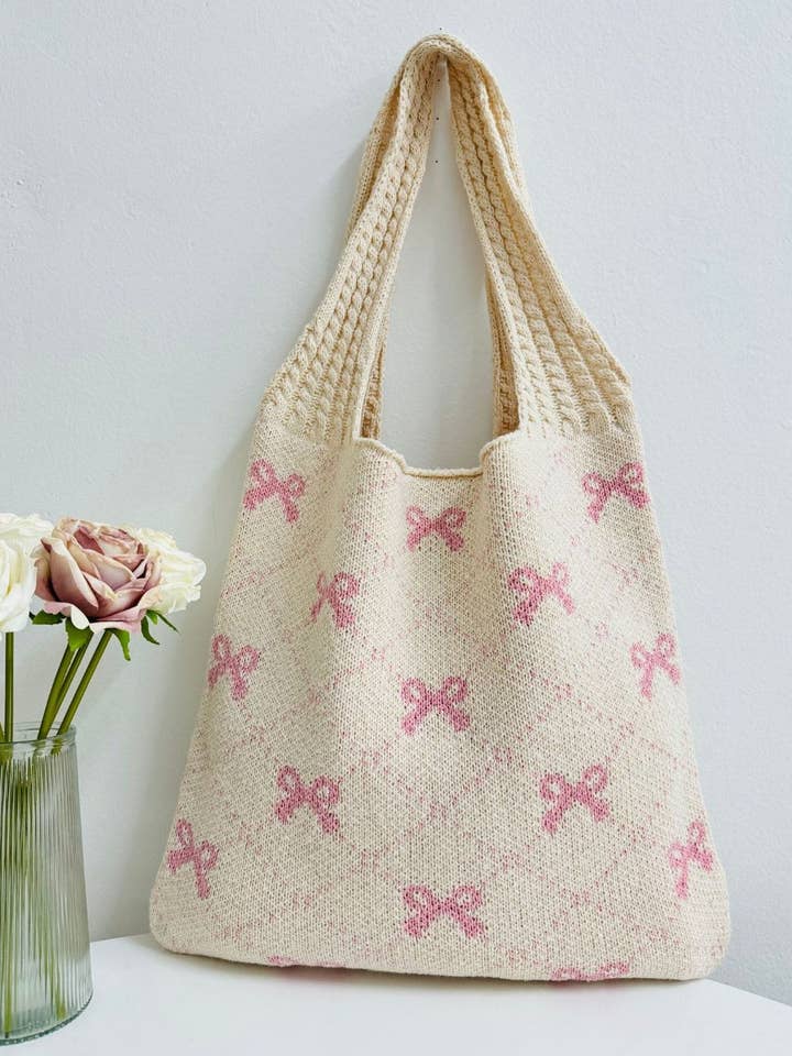 Borsa a spalla grande capacità in maglia con stampa fiocchi DPB1106 per la vendita all'ingrosso da parte di Dipped Shop