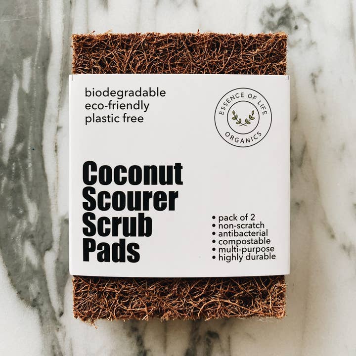 Essence of Life Organics - Wholesale Cleaning Sponge - Coconut Scourer Scrub Pads, 100% plant based and compostable, pack of 2