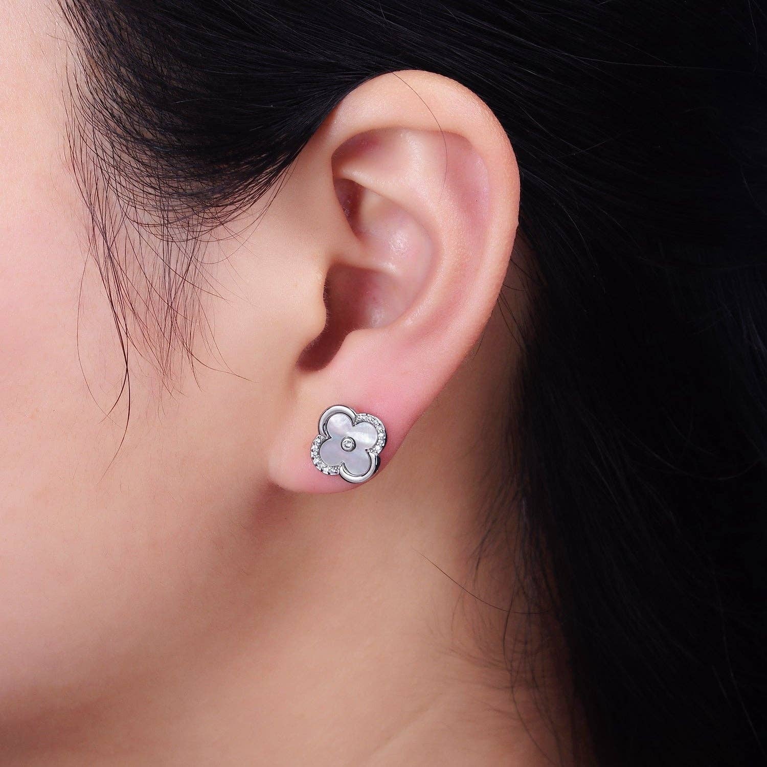 Aim Eternal - Wholesale Stud/Post Earrings - 16K Gold Filled 12mm Shell Pearl Quatrefoil Clover Micro Paved CZ Stud Earrings in Gold & Silver | AB1535 AB15362