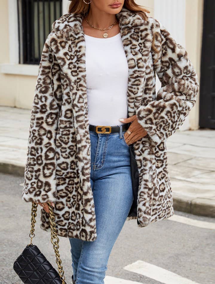 Leopard Leopard-Print Midi Faux-Fur Coat Plush Jacket for wholesale on Faire7