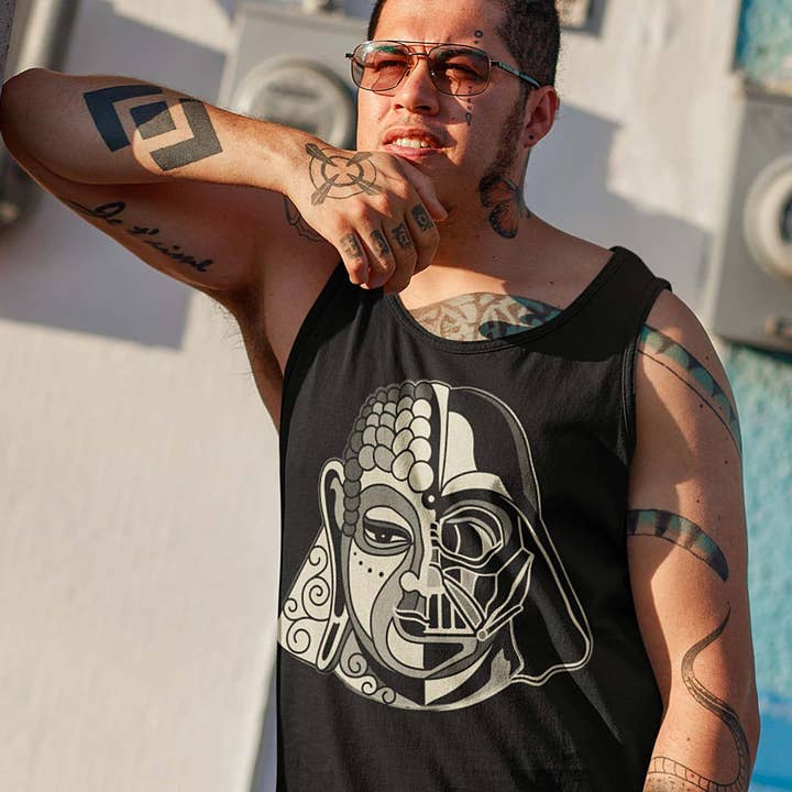 Camiseta regata masculina Darth Buddha feita sob encomenda - preta por atacado de symbolika