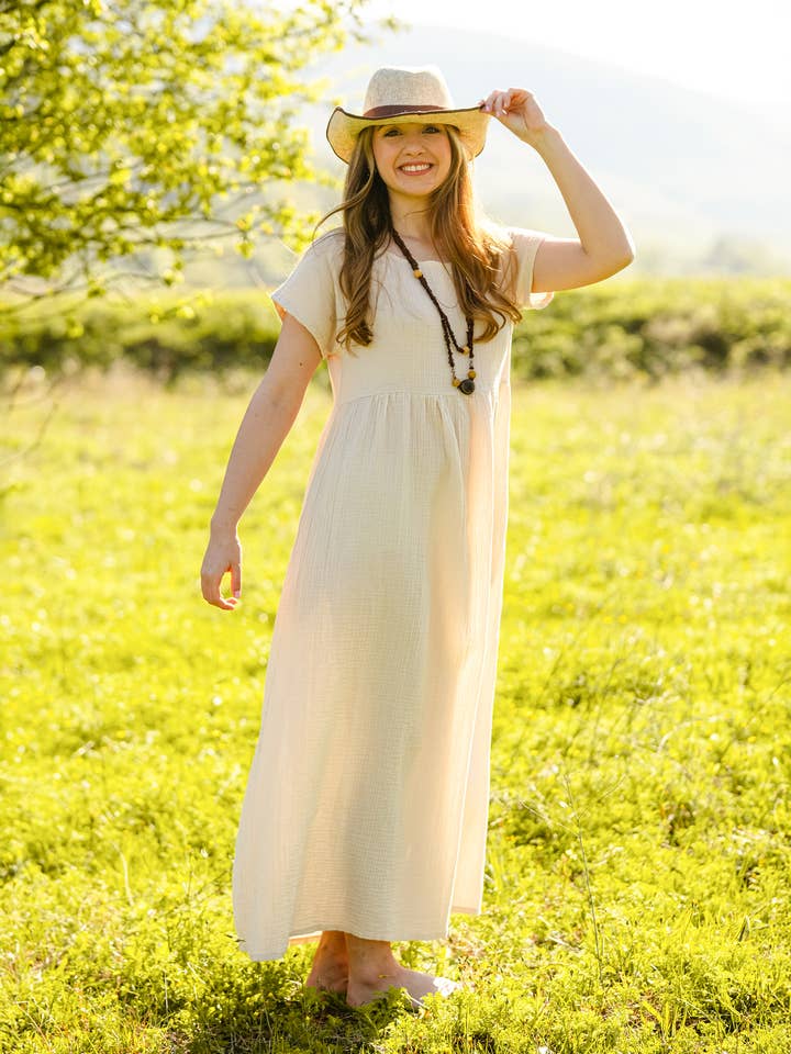 Moa - Wholesale Dress - Women's - Double Gauze Cotton Beige Midi Dress 0