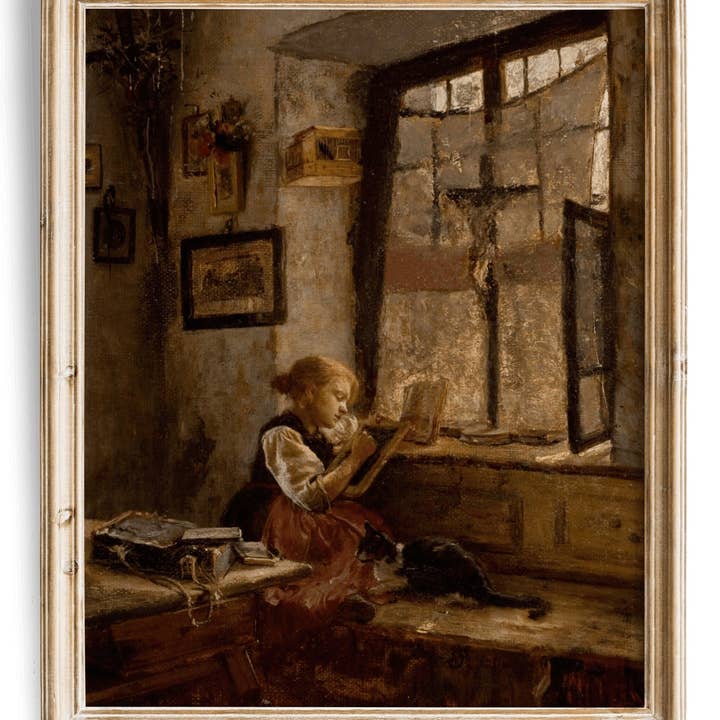 Knot & Soul - Wholesale Art Print - Girl Reading With Cat Art | Cat Home Decor | Vintage Cat Art | Museum Art