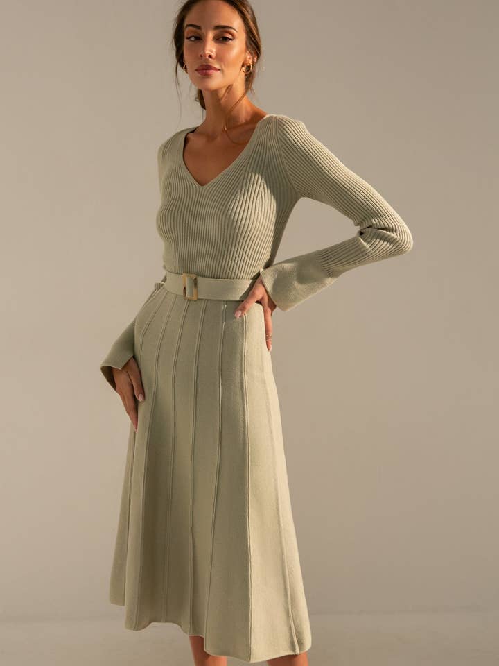 Nenya Fashion Limited - Wholesale Dress - Women's - Knitted Belted V-neck Midi Dress Stephanie