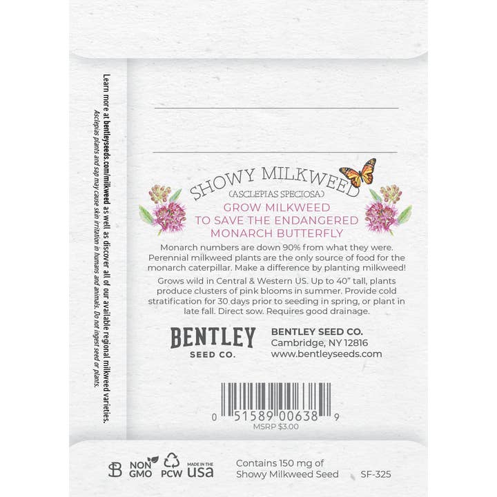 Bentley Seed Co. - Vente Graines de plantes - Sachets de graines d'asclépiade pour papillons Showy