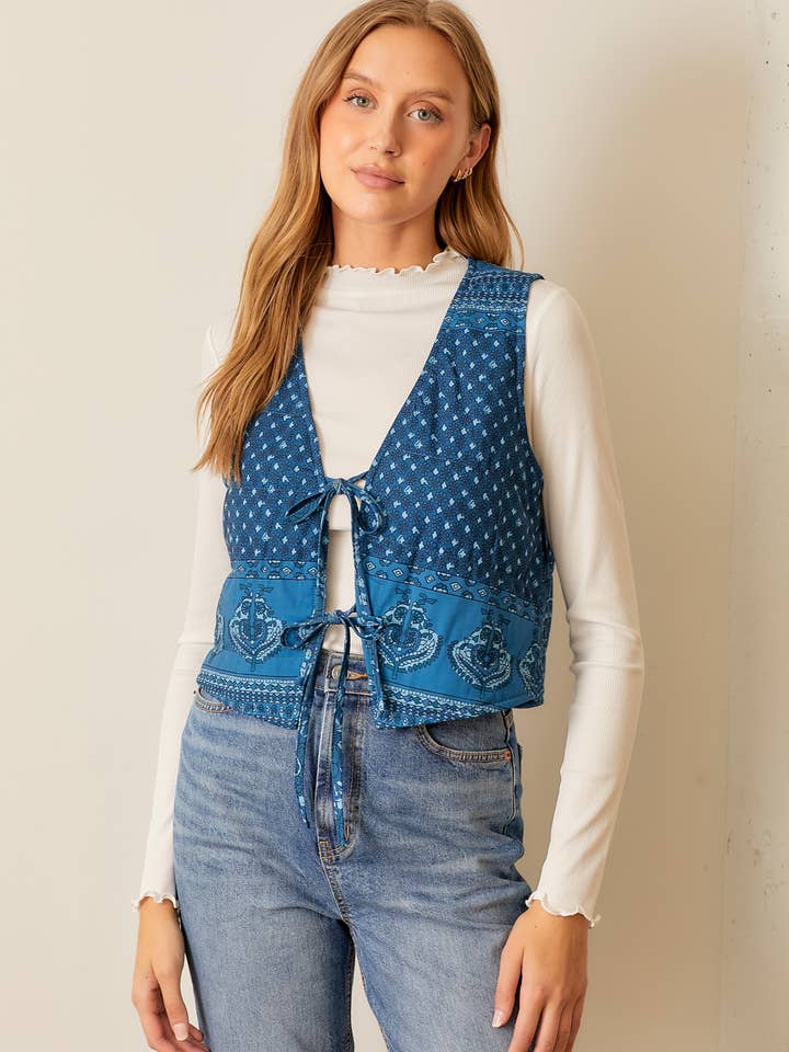 PATTERN PRINTED VEST WITH FRONT TIE for wholesale by Polagram by Wellmade USA