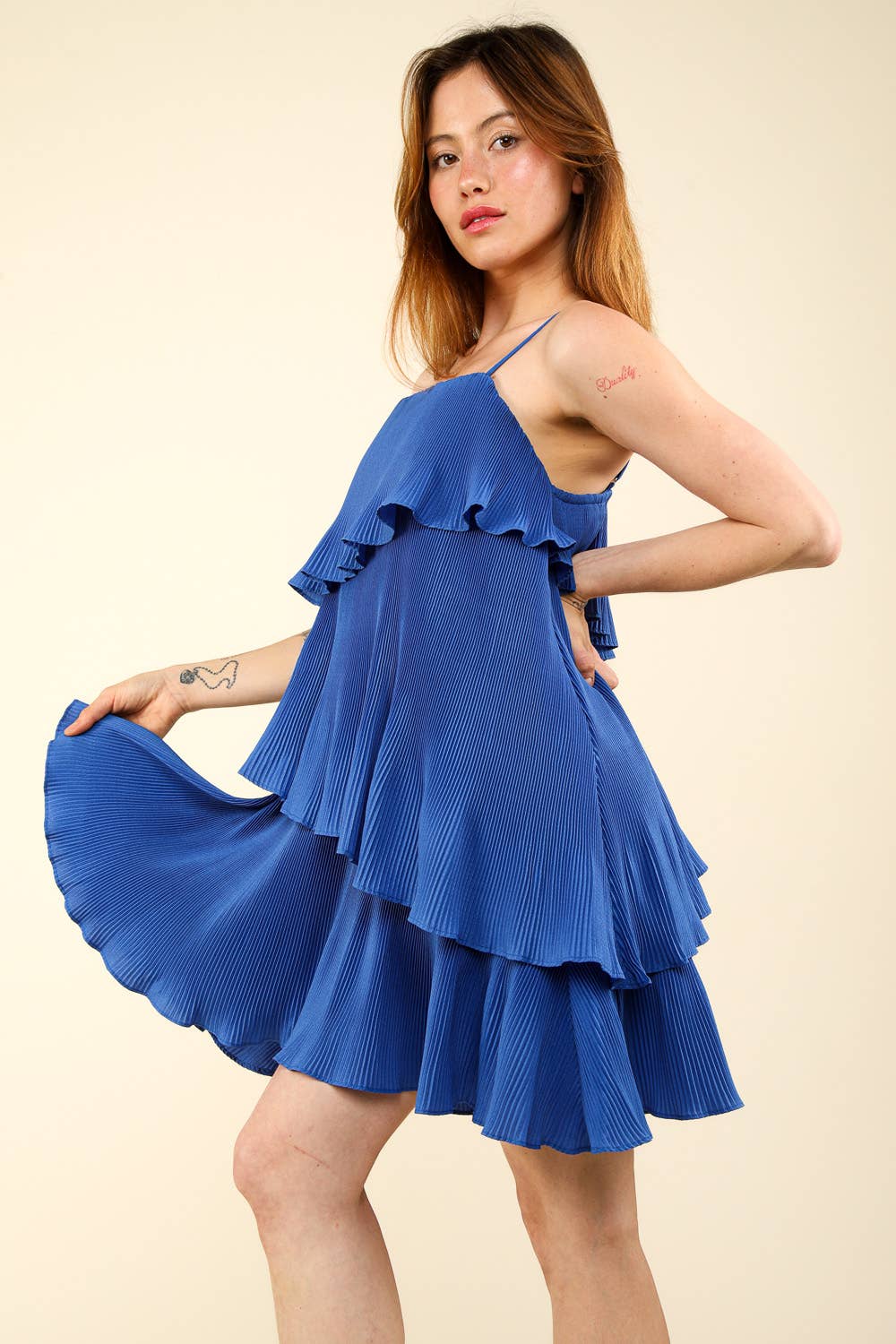 VERY J - Wholesale Dress - Women's - ND31222-Sleeveless Pleats Asymmetrical Tiered Mini Dress3