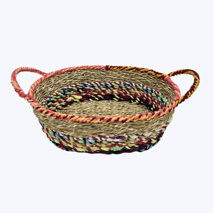 Young's - Wholesale Basket - Woven Kantha Oval Basket With Handles (SKU#: 13576)