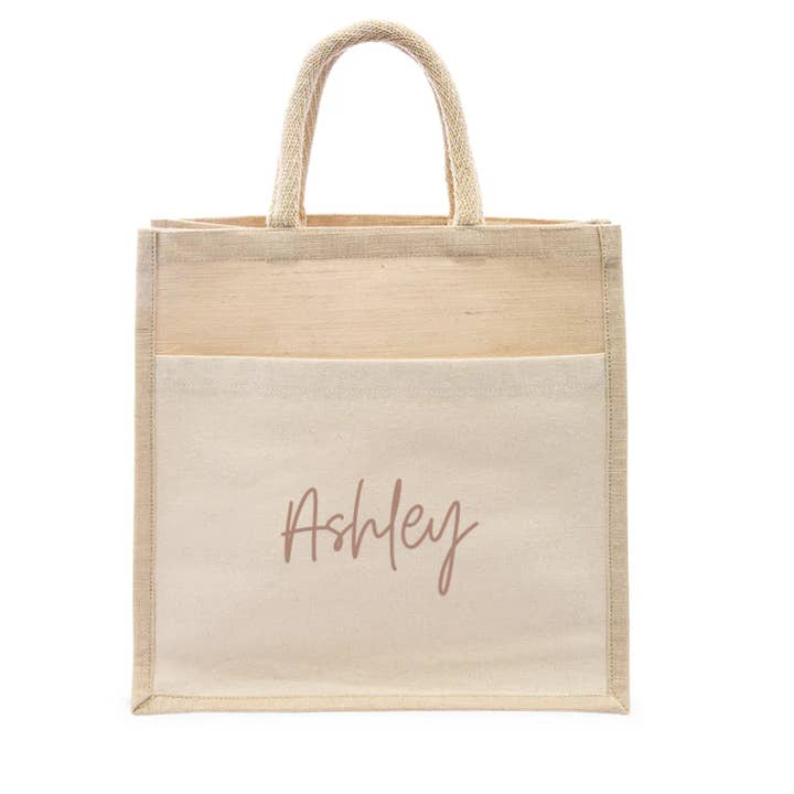 Weddingstar Inc. - Wholesale Tote Bag - Women's - Medium Woven Jute Tote Bag With Pocket - Script Font8
