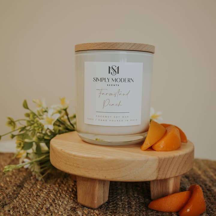 Farmstand Peach | White | Wood-Wick Coconut Soy Wax Candle for wholesale by Simply Modern Scents