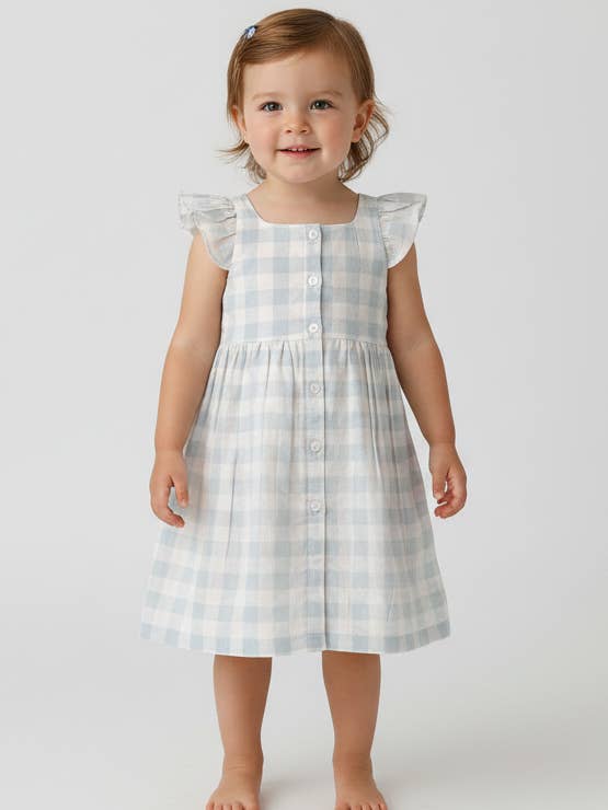 Stilfuld kjole med hætteærme i blå terninger med gamisker og skalknapdetaljer. for engroshandel hos Yo Baby