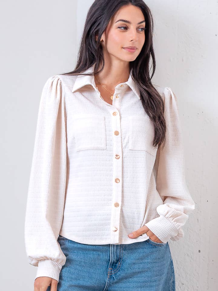 TAUPE ST82485T-LONG PUFF SLV BUTTON DOWN EYELET SHIRT for wholesale on Faire1