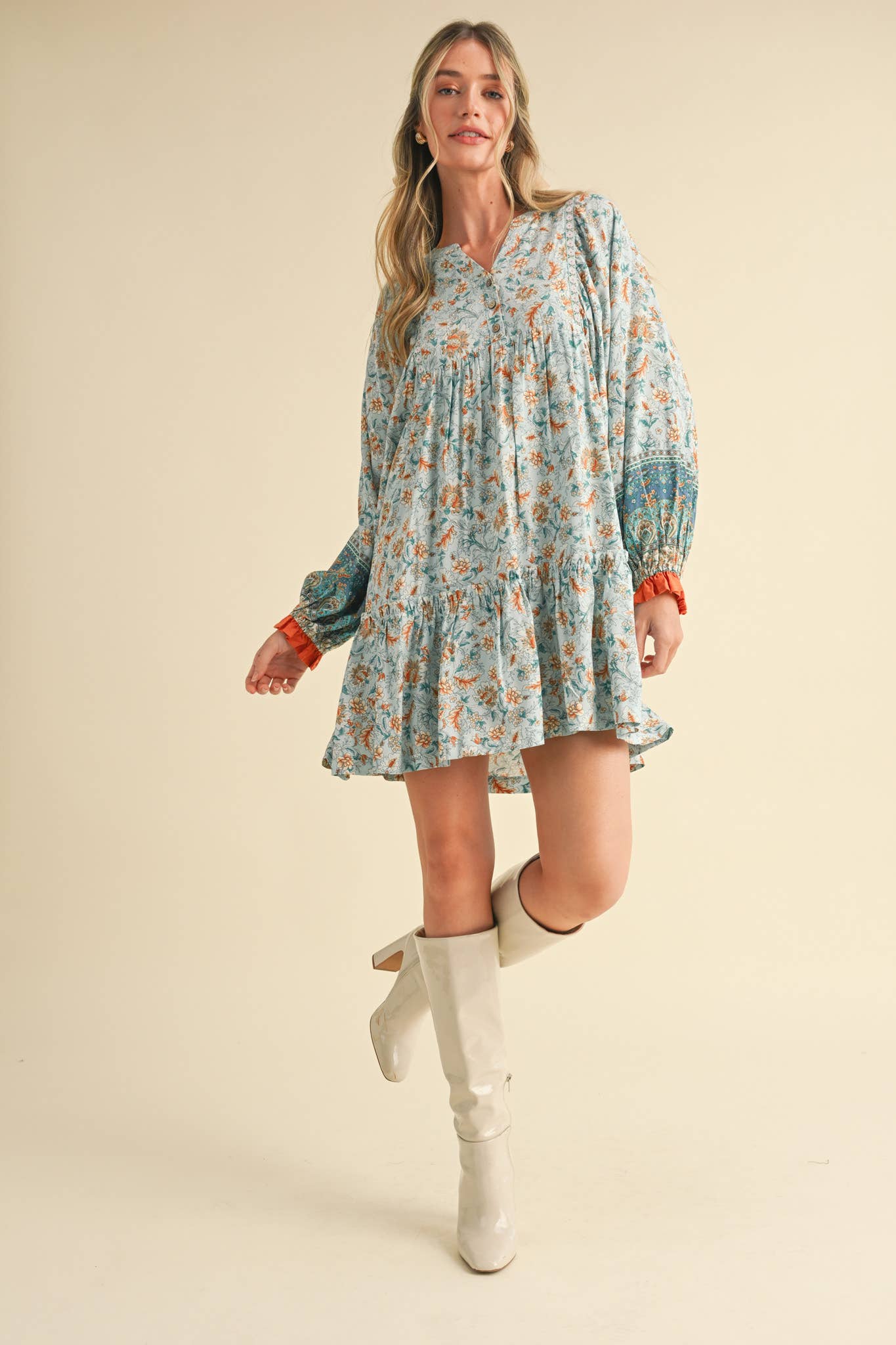 &MERCI - Wholesale Dress - Women's - EXCLUSIVE PRINT PUFF SLEEVE TIERED BABYDOLL DRESS MDR34900