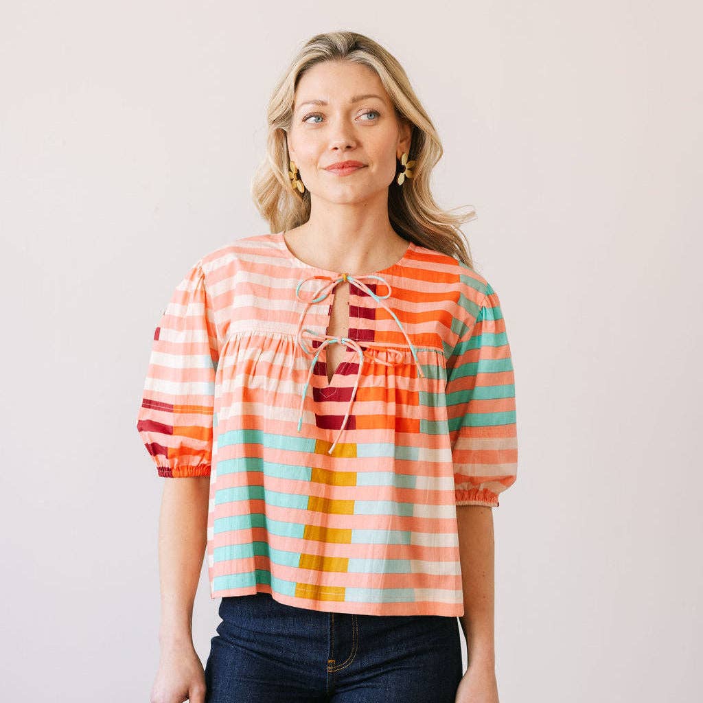 Sunshine Tienda - Wholesale Blouse - Women's - Apricot Colorful Stripe Mira Top3