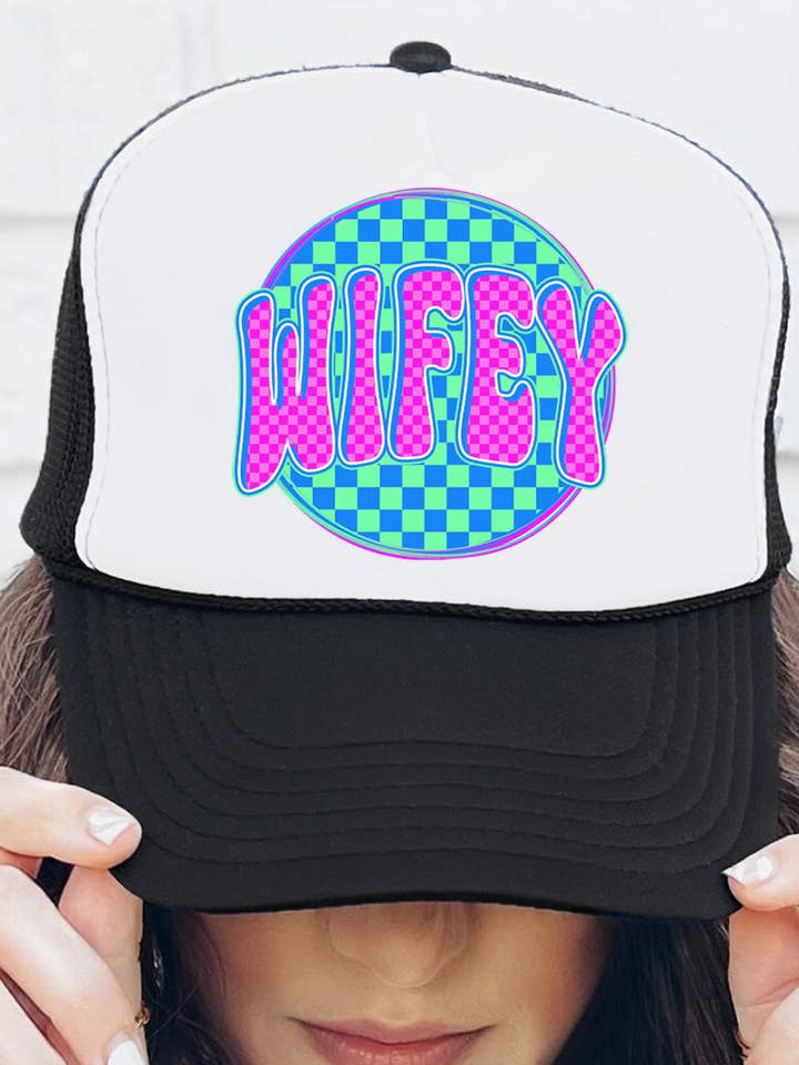 Neon Checkered Wifey Otto Black with White Foam Front Trucker Hat for wholesale by Wholesale Accessory Market