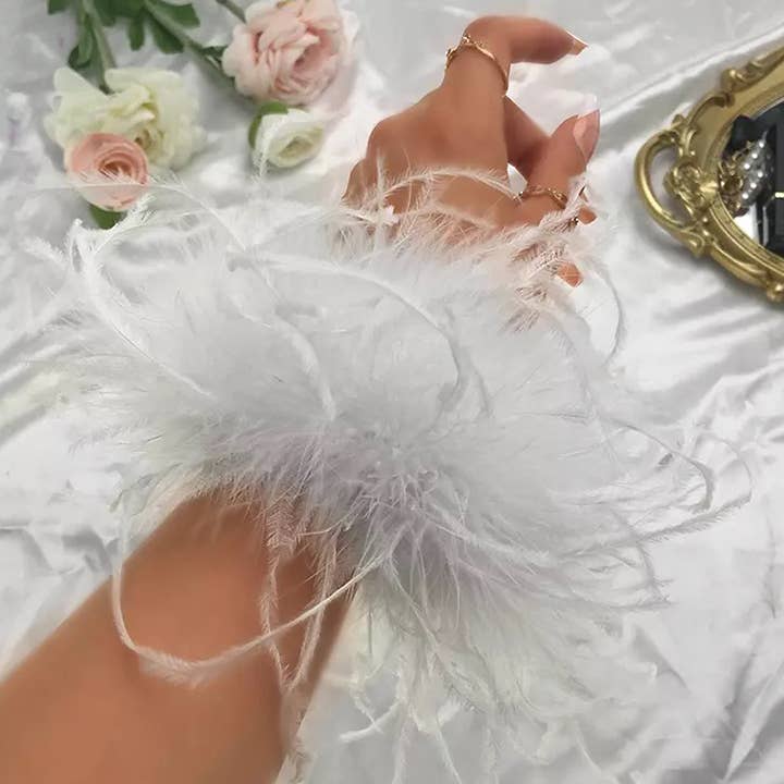 Feather Snap - Wholesale Cuff bracelet - White Ostrich Feather Cuff Bracelet Pair - Full Volume2