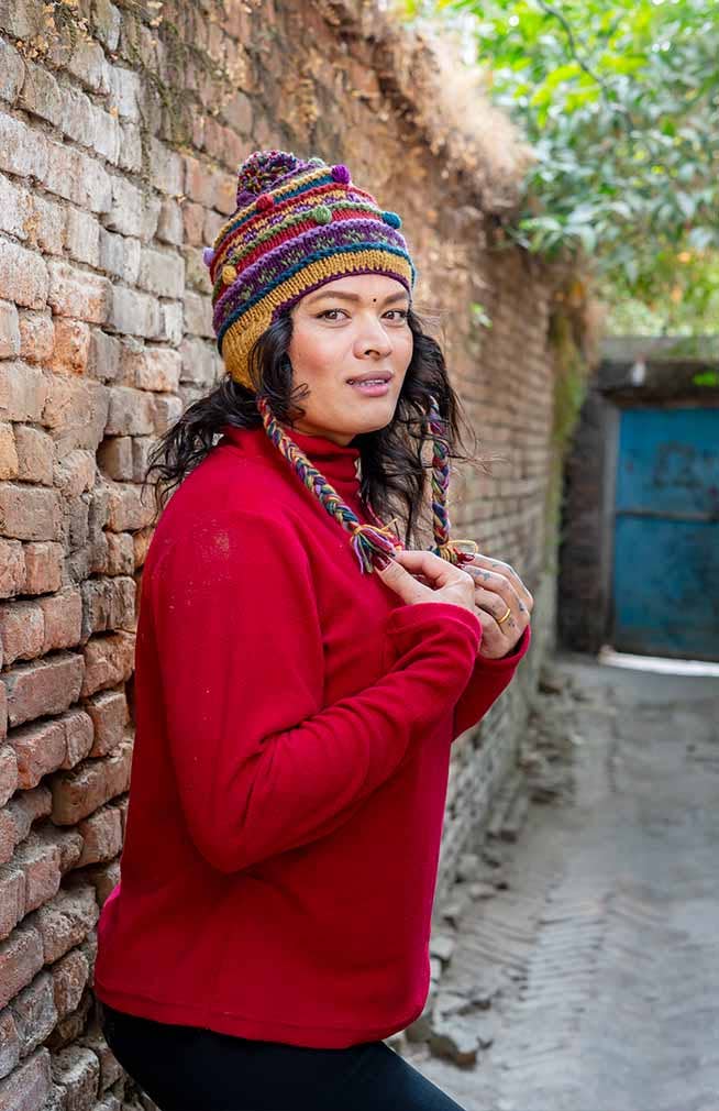 Ganesh Himal Trading – wholesale Beanie – Women's – Wool Knit Earflap Hat w/Stripes & Babbles, fleece lined1