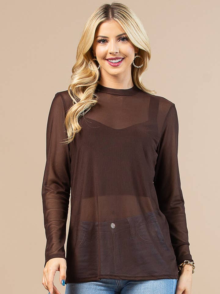 AV1230-GEMMA SOLID MOCK NECK MESH TOP for wholesale by Avery