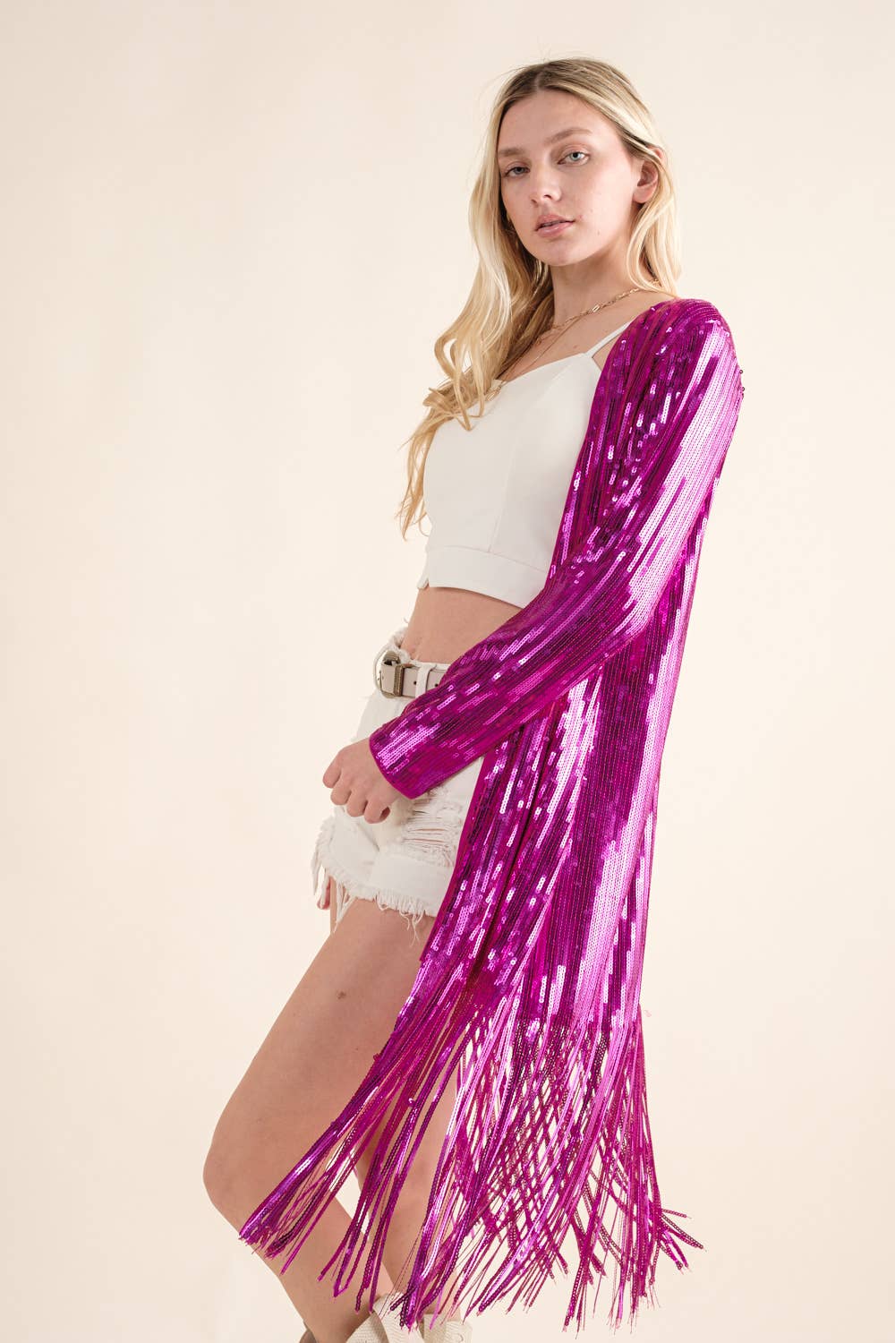 Wholesale 32736J - Sequin Fringe Star Back Open Cardigan for