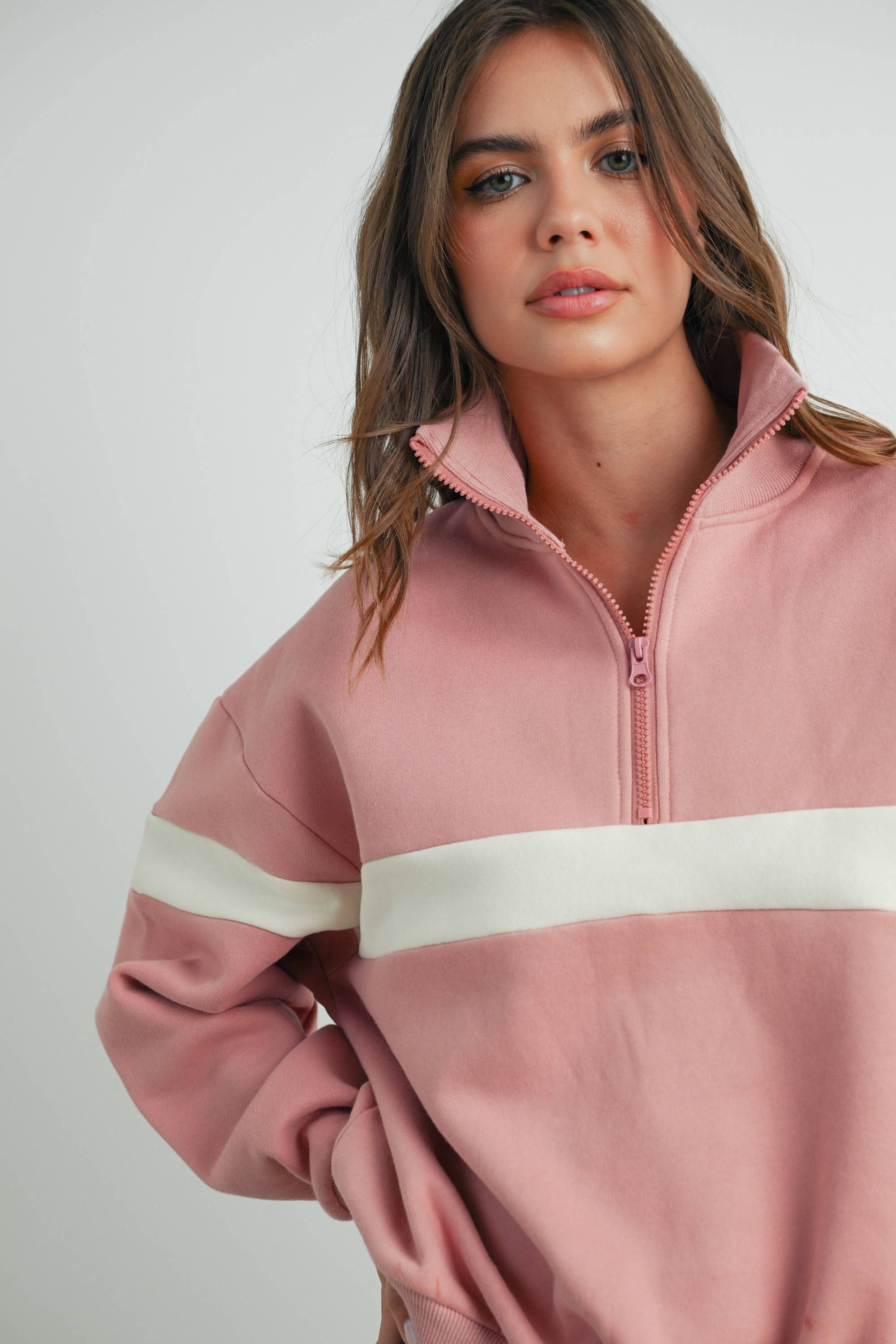 BUTTERMELON - Wholesale Sweatshirt - Women's - Two-Toned Half Zip Collar Sweatshirt - BMT753538