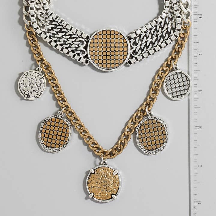GS Two Tone Coin Charms Layered Chain Statement Necklace for wholesale on Faire2