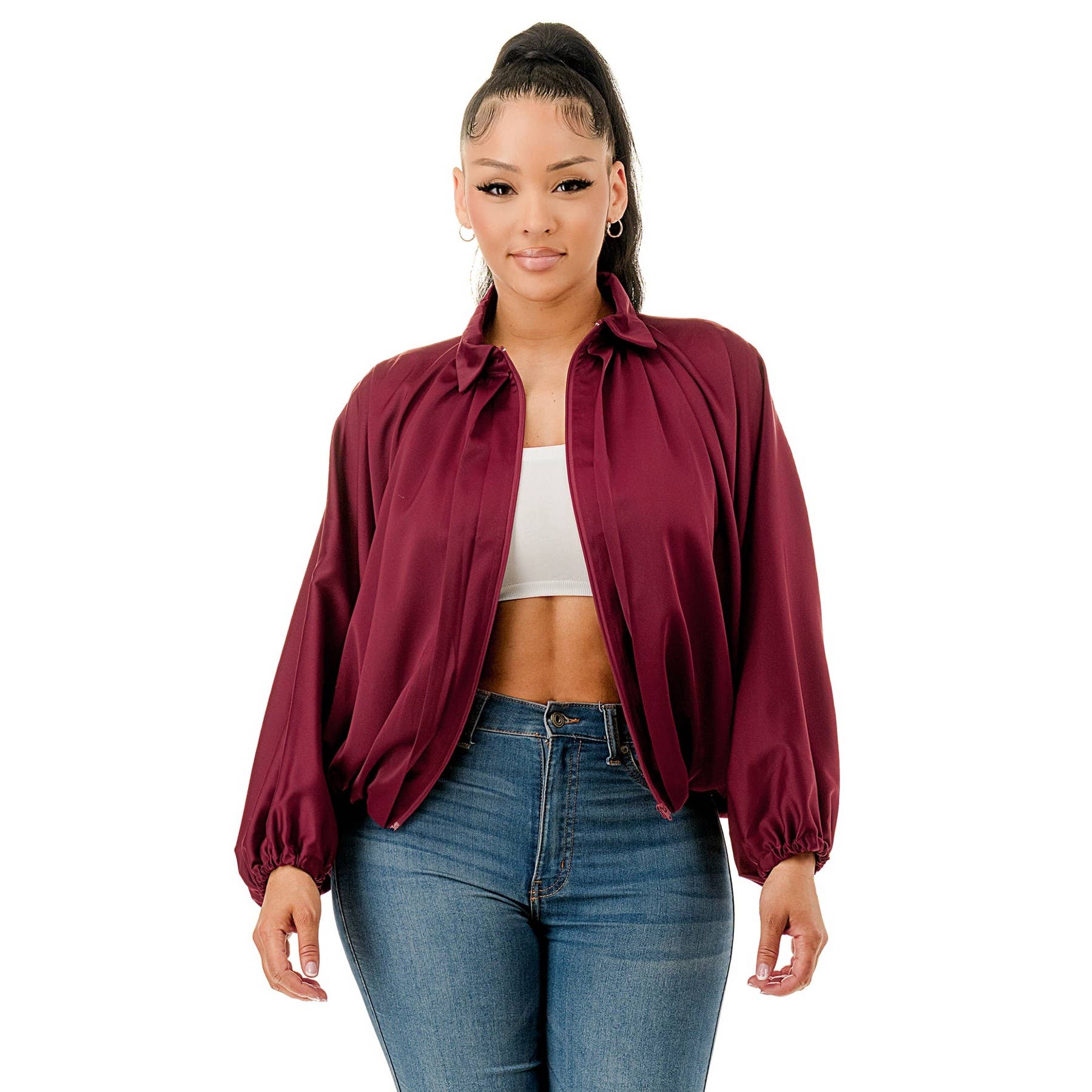 DORCAS - Wholesale Jacket - Women's - SATIN COLLARED ZIP FRONT BOMBER JACKET8