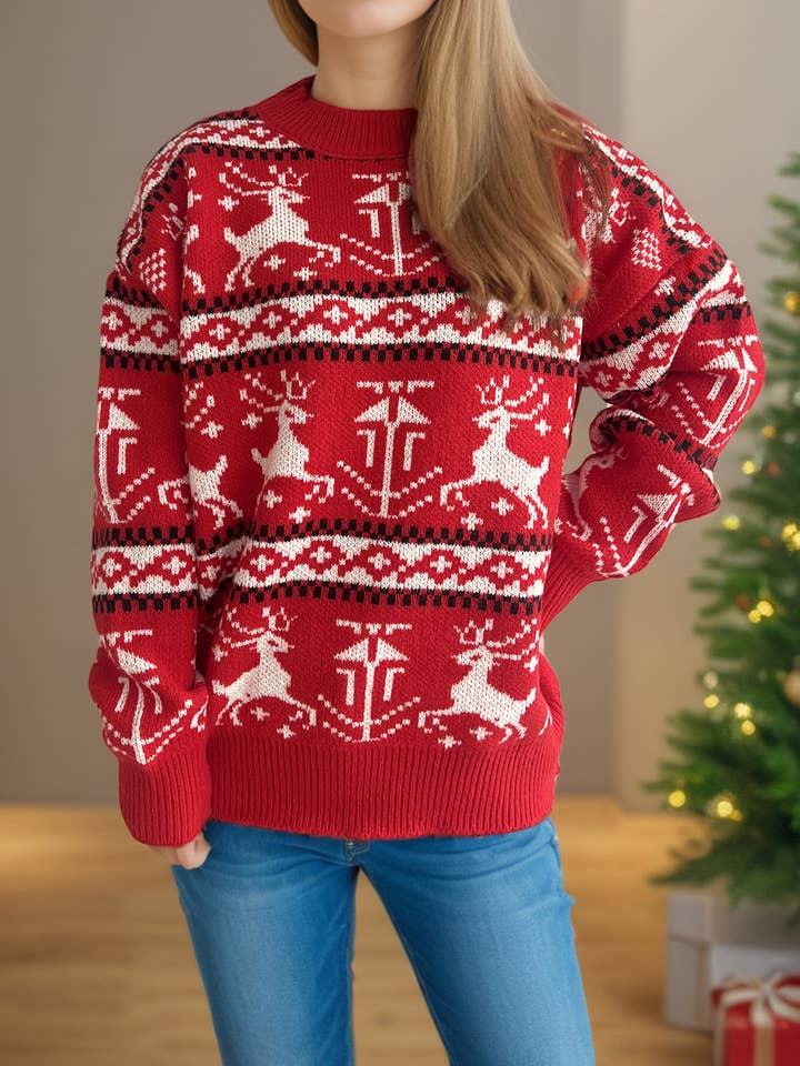 Red Christmas Crewneck Colour-Block Fawn Knitted Sweater for wholesale on Faire