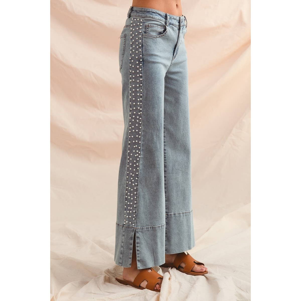 IVE - Wholesale Pants - Women's - Mid Rise Flare Bottom Denim Jeans With Side Pearl10