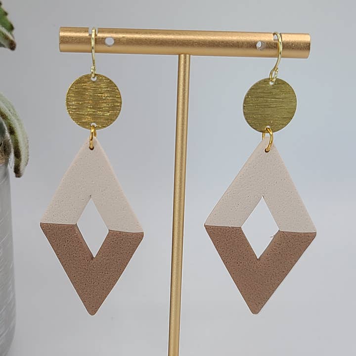 Diamond dangle earring- tan taupe, almond/ivory/white, gold for wholesale by Avery McCoy Collection