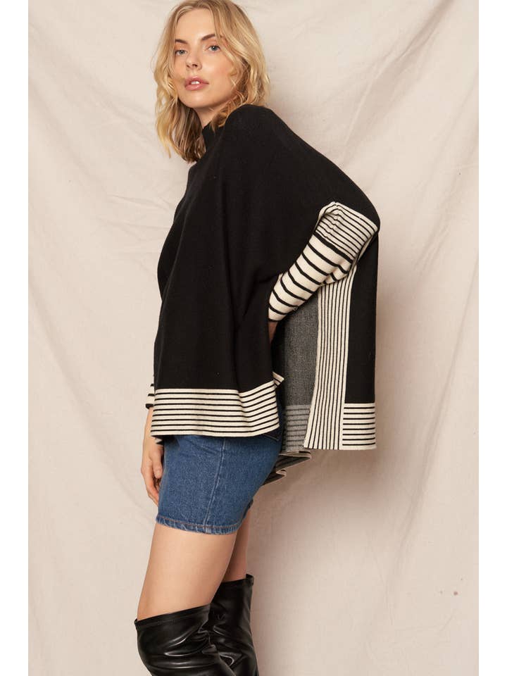 Black Oversized Striped Knit Cape Sweater for wholesale on Faire