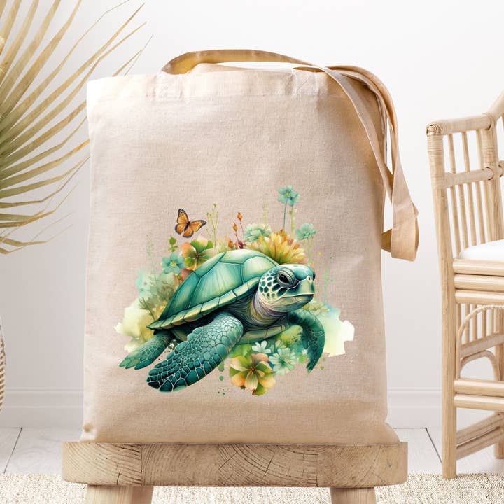 Canvas draagtas in aquarel, zeeschildpad/oceaan en strand voor wholesale door Dark Horse Dream Designs LLC