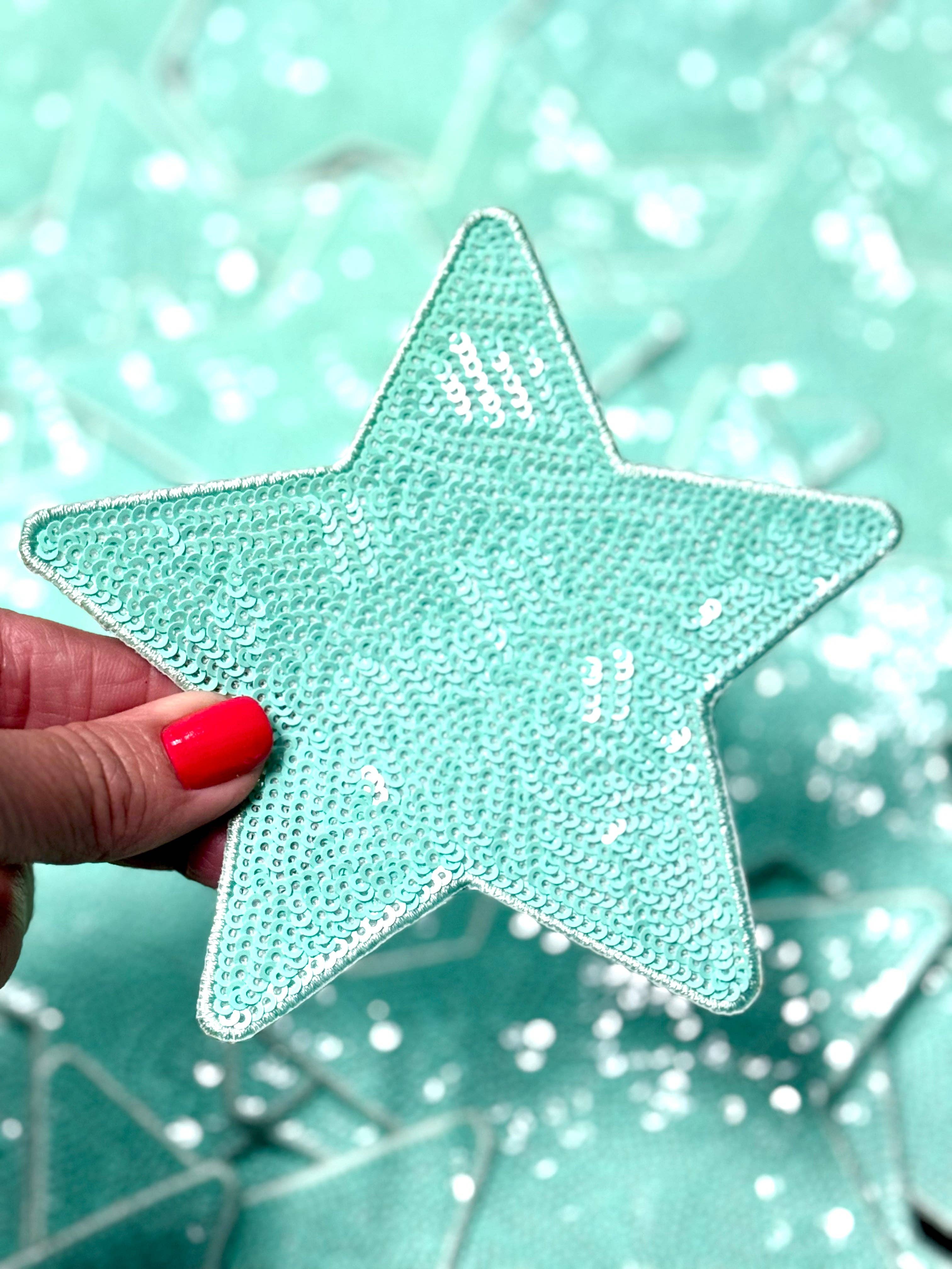 sequinandstiches - Venta al por mayor Parches - Parche con forma de estrella con lentejuelas, parche con forma de estrella de lentejuelas turquesa de 5 pulgadas, parche termoadhesivo, bricolaje, parche turquesa para sombrero de camionero, parche preppy a la moda, estrella de lentejuelas3