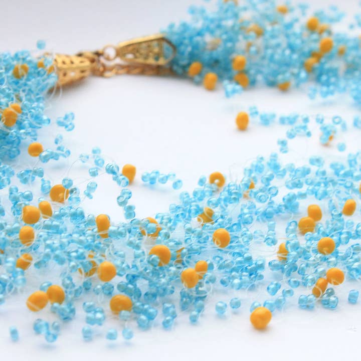 Blue And Yellow Necklace, Ukrainian Beaded Jewelry Statement for wholesale by SomeBijoux4You