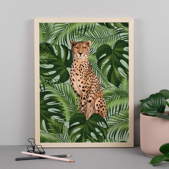Cheetah and Leaves Art Print for wholesale by Hayley Jade Design Studio